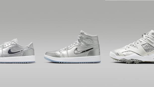 Side view of three silver Air Jordan golf shoes.
